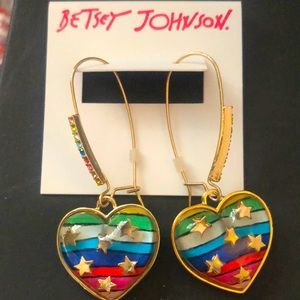 Betsey Johnson Gold Tone One Love Rainbow Heart Drop Earrings Crystal Accents